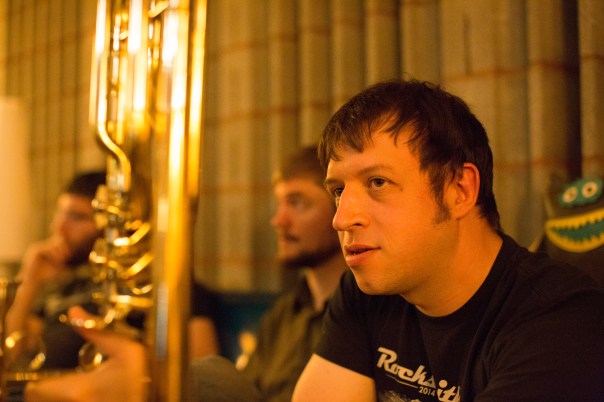 Keenan and Lucian listening to takes of Night on Bald Mountain.